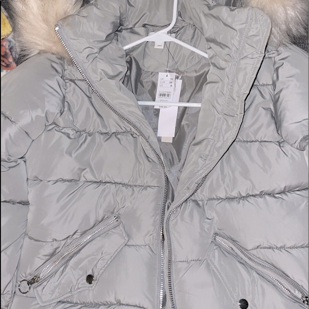TopShop Sz 6 heather grey jacket w/fur detachable hood